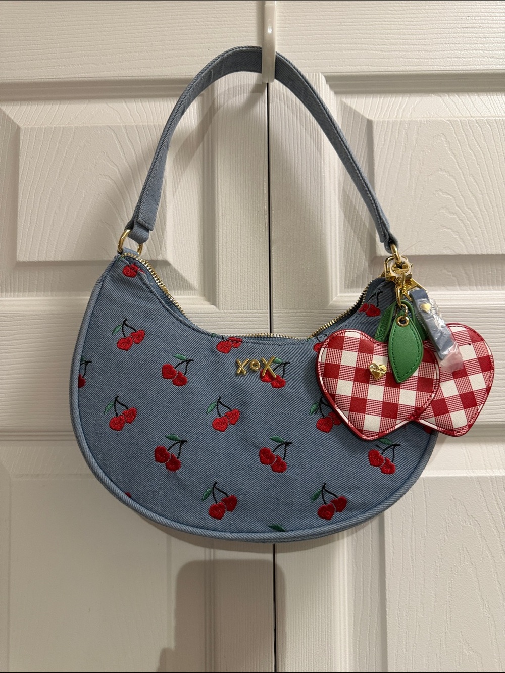 Betsey Johnson Denim Blue Cherry Crescent Shoulder Bag